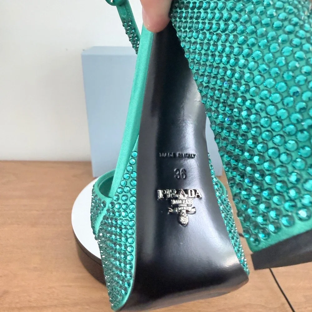 Prada Crystal‑Embellished Satin Platform Sandals Aqua Green Made in Italy. UK 36